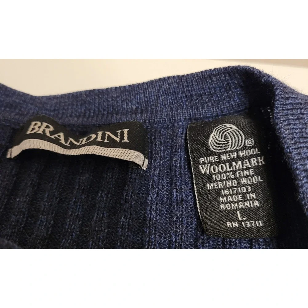 Vintage Brandini Merino Wool Sweater Mens Large Blue Ribbed Crewneck Romania